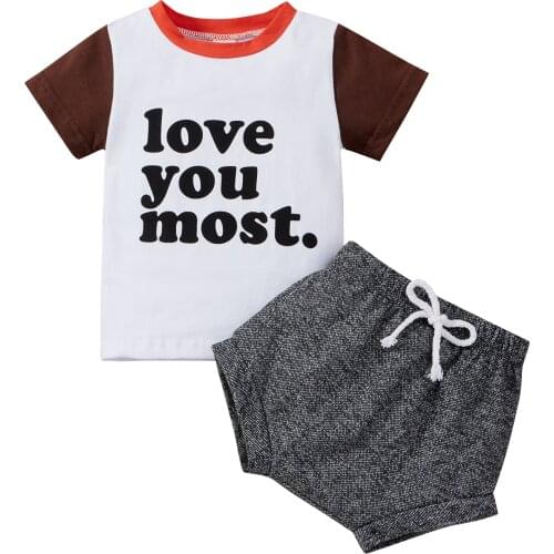 Kid Boy Tops Shorts Suit Letter Printed Short Sleeve Round Collar Lace Up Loose Pants Summer Clothing