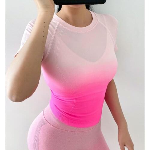 Hollow Ombre Seamless Sports Tops Women Fitness Crop Top Short Sleeve Sports T Shirts Running Workout Yoga Top Gym Active Wear