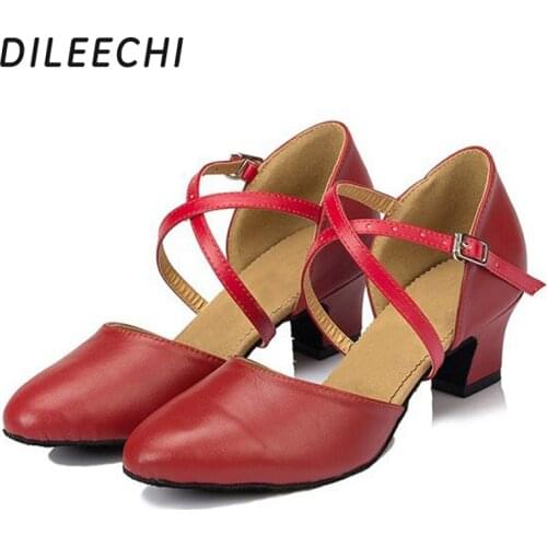 DILEECHI Modern dance shoes Latin dance shoes red black genuine leather Ballroom dancing shoes female low heel 4.5cm