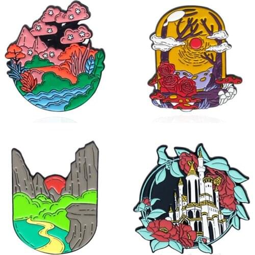 Landscape Enamel Badges Lapel Pins Castle And Flowers Fashion Brooches For Women Cartoons Anime Hijab Pins Decorative Badges