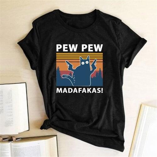 Funny Pew Pew Cat with Guns Printed Woman Tshirts Graphic Tee Streetwear Tops for Teens Fashion Short Sleeve Clothes Ropa Mujer
