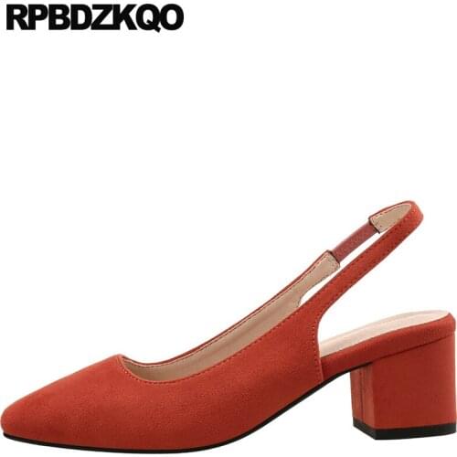 Chunky suede square toe block heels shoes for women low slip on big size medium thick slingback pumps 33 orange summer sandals