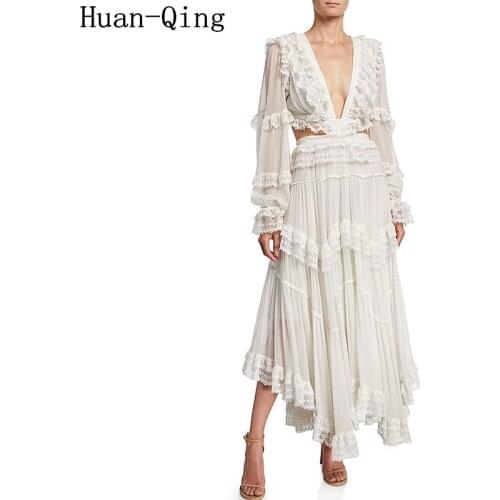 Spring Vestidos White Bohemian Holiday Beach Dress Runway Women Sexy V-Neck Hollow Out Back Bandage Elegant Party Long Dresses