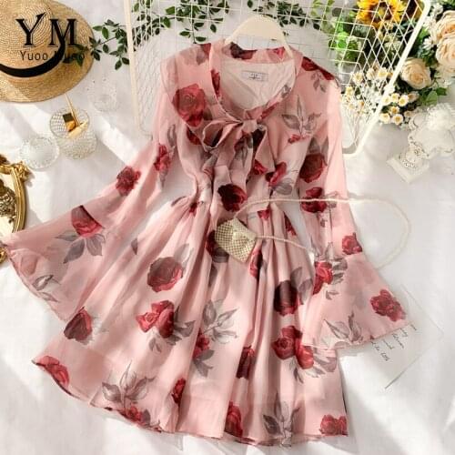 YuooMuoo Romantic Rose Flower Print Chiffon Dress Women Bow Bandage Transparent Short Party Dress Long Flare Sleeve Pink Dress