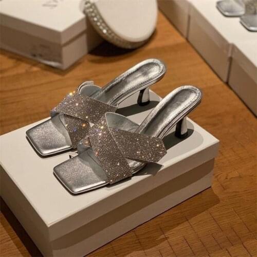 2020 Summer Women Shoes Slippers High Heels Bling Rhinestone Dress Silver Slides Outside Luxury Brand Design Zapatos De Mujer