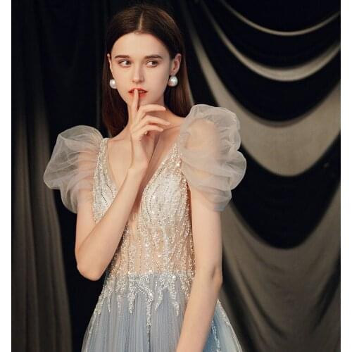 2021 Sexy Beading Dark V-neck Backless Evening Dress Woman A-Line Floor-Length Tulle Formal Party Gown Toast Clothing