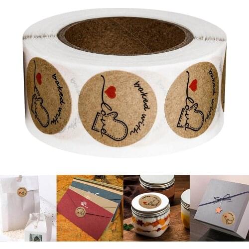 500 PCS/Roll of Stickers Printed with "Baked with Love" Cattle Hide Handmade Biscuit Bags Decorative Bakery Personality Label