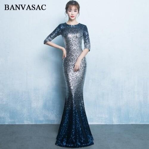 BANVASAC O Neck Vintage Gradient Sequined Mermaid Long Evening Dresses Lace Half Sleeve Party Prom Gowns
