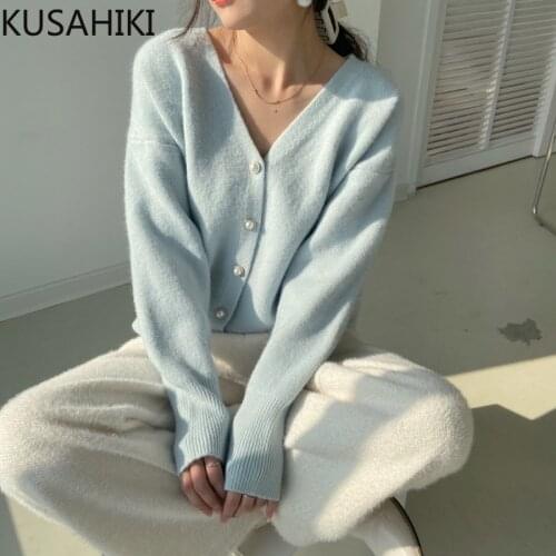 KUSAHIKI Fall 2021 Women Long Sleeve V-neck Sweater Cardigan Korean Causal Solid Knitwear Coat Winter New Knitted Jacket 6K912