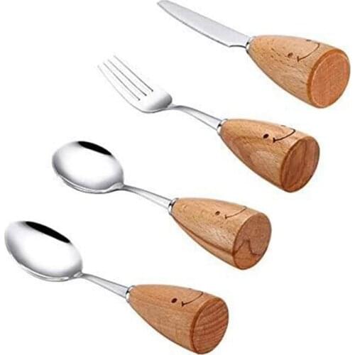LUDA Wooden Handle Cute Smile Stainless Steel Knife Fork Spoon Western Dessert Fruit Tableware For Adult Girls And Children