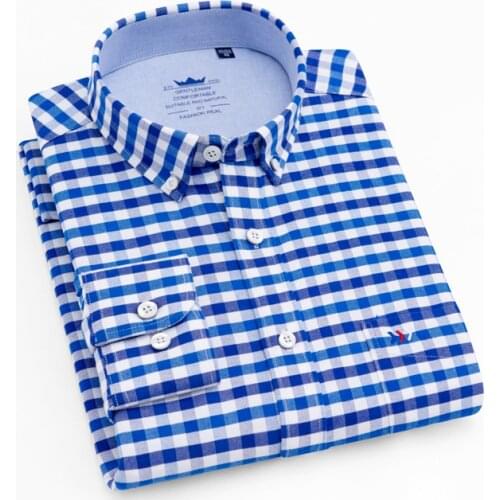 Mens Thick Button-Down Shirts Casual 100% Cotton Oxford Striped Shirt Single Patch Pocket Long Sleeve Standard-Fit Comfortable