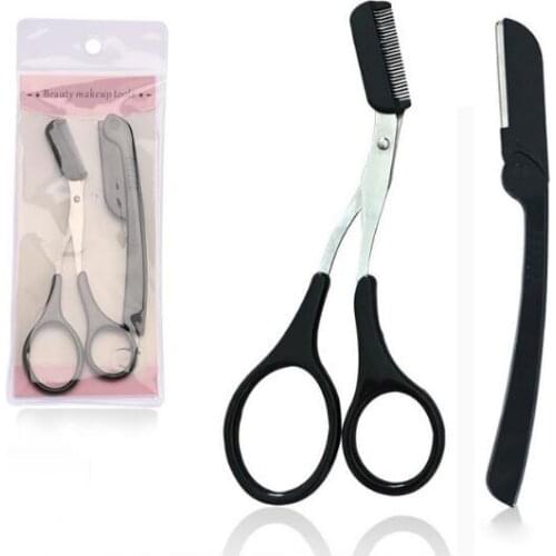 100Set/Lot Eyebrow Trimmer Razor Trimming Knife Scissors Beauty Shaving Tool Folding Stainless Steel Micro Mesh Blade HA2368