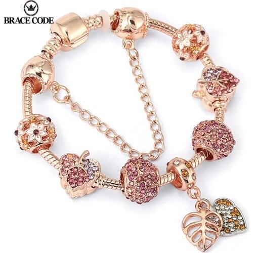 BRACE CODE Rose Gold Leaf Charm Bracelet With Petal Beads Suitable For Fine Bracelets Women’s Party Jewelry Dropshipping