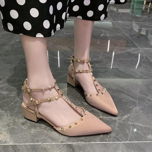 New Arrival Roman Rivet T Strap Ankle Two Buckle Pointed Toe Slingback Low Square High Heel Single Ladies Sandals Shoes Summer