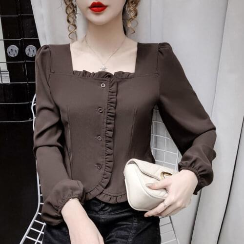 Pure Color Chiffon Shirt Ladies Autumn Slim Temperament Square Collar Long Sleeves Ruffled Short Bottoming Shirts Female Blouse