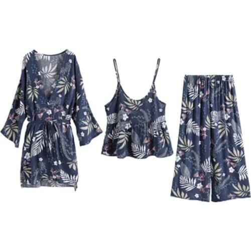 3 Piece/Set Pajama Women 100% Cotton Long Robe Sling Vest Pants Print Flower Pyjama Mom Casual Sweet Homewear