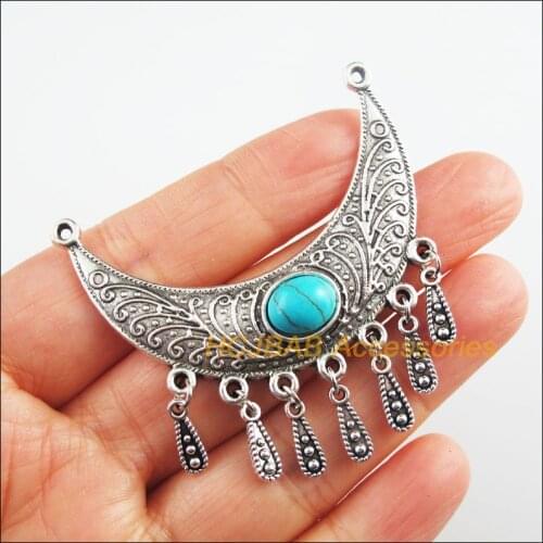 3 New Moon Charms Tibetan Silver Stone Teardrop Tassels Pendants Retro 54mm