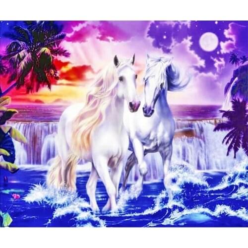 Full Square Drill DIY 5D Diamond Painting Cross Stitch Embroidery White Horse Waves Patterns Mosaic Handmade Landscape Sticker