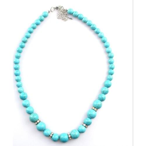 Silver Plated Link Chain Blue Turquoises Stone Pendant Long Round Beads Necklace Fashion Jewelry