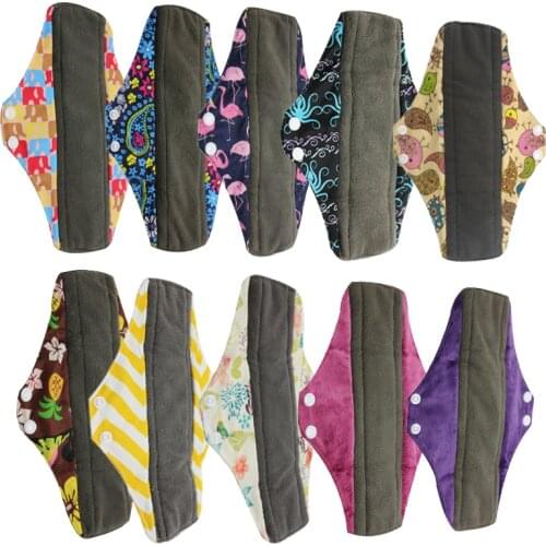 Dropshipping Print Feminine Sanitary Pads Charcoal Bamboo Cloth Menstrual Pads Reusable Women Sanitary Napkin Pads 5pcs/lot