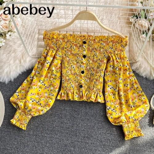 2021 New Summer Fashion slash neck Lantern Sleeve Shirt high waist pleated waist single breasted floral short Shirt Top