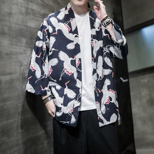 Chinese Style Shirt Men Retro Fashion Loose Kimono Cardigan Men Tops Robe Japanese Harajuku Kimono Asian Oriental Clothing 30493