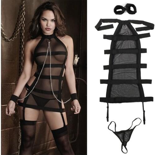 Shackle Bundled Sexy Lingerie Underwear Kit Perspective Role Play Open Crotch Sexy Black Mesh Exotic Costumes Handcuffs