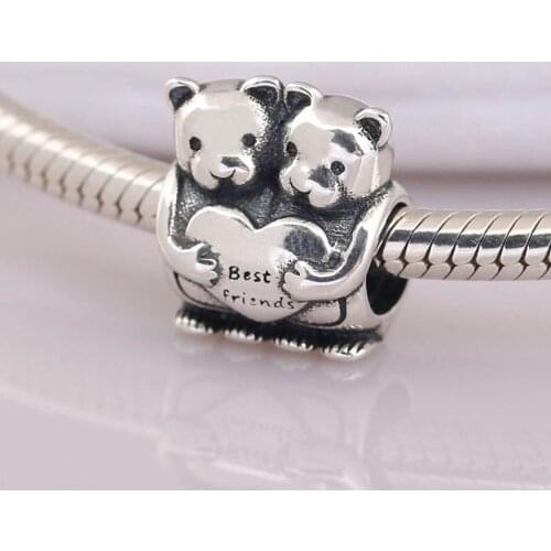 S925 Silver Bead Charm fit Lady Bangle Bracelet Bear Best Friends Bears Heart Charm DIY Jewelry