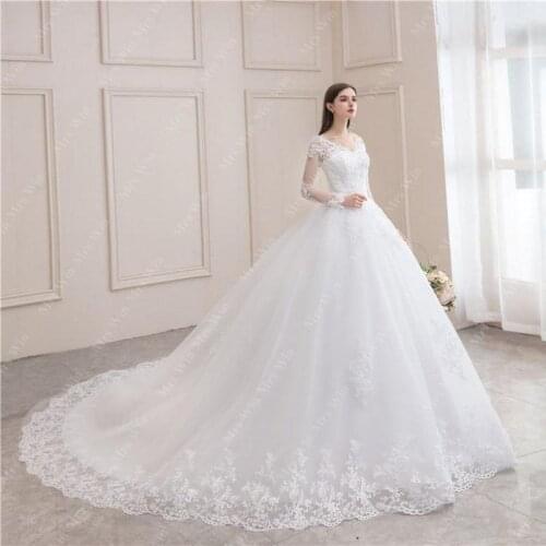 Wedding Dress 2021 New Luxury Full Sleeve Sexy V-neck Bride Dress With Train Ball Gown Princess Classic Wedding Gowns