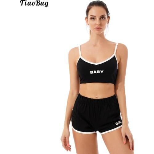 TiaoBug 2Pcs Women Cotton Summer Sport Yoga Gym Suit V Neck Straps Letters Print Open Upper Back Cropped Vest Top And Shorts Set