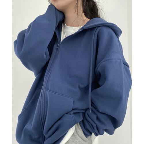 Women hoodie Harajuku Korean version loose thin long-sleeved hooded sun protection coat solid color retro shirt student girl top