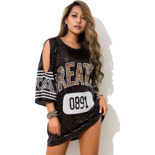 Hip hop Sequins Letter print Summer tops t shirt Women streetwear Street dance Loose vintage Stylish club black Female tshirt HL