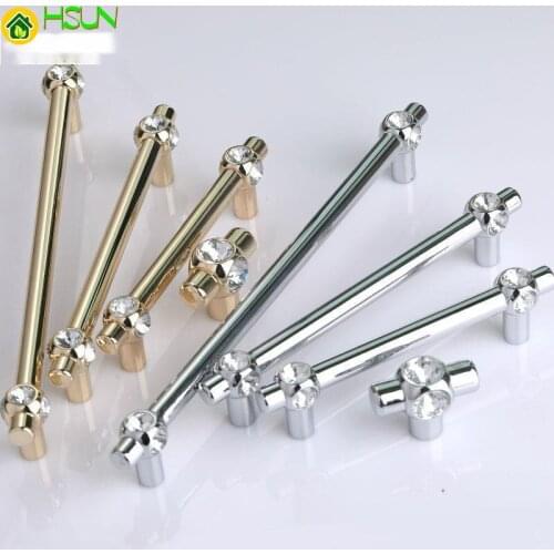 High grade light luxury crystal handle 192mm 128mm 96mm single hole cabinet door bright silver gold handle Inlaid diamond