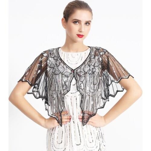 Women 1920s Vintage Clothing Sequins Party Dinner Top Scarf Shawls Mesh Beaded Cloak Elegant Capelet #P003