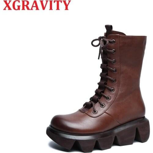 XGRAVITY Women Fashion Thick Sole Ladies Boots Pure Color Original Cow Leather Shoes Wedge Platform Boots Womens Boots Girl 139