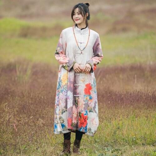 Women Loose Printed National Style Fleeced Parkas Female Long Coat Outerwear Ladies Print Long Overcoat 2021 Retro Coat