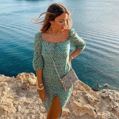 Foridol vintage long sleeve green floral dress women summer spring slit long maxi dress 2021 leaf print boho dress vestidos