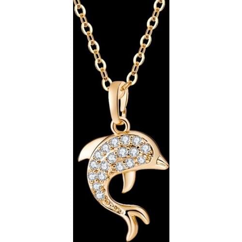 Gold Metal Simple Dolphin Personality Women Pendant Crystal Stone Animal Pendant Necklace Rhinestone Neck Fine Lovely Jewelry