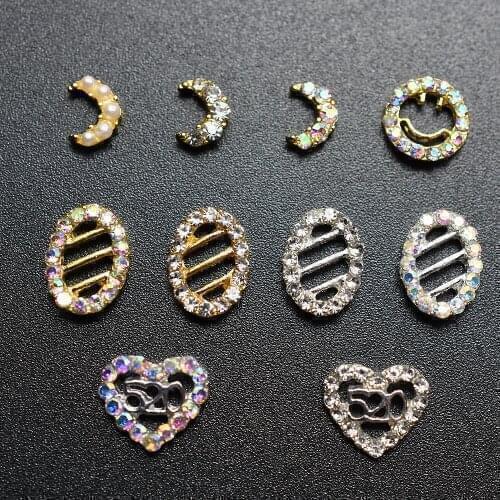 10pcs Gold Silver Square Moon heart AB Rhinestone Nail Art Decorations simple Alloy 3D Hollow strass Nail Charm Nail Accessory