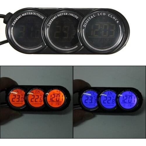 12V-24V 3 in 1 Auto Car LCD Digital Inside Outside Clock Temperature Thermometer Gauge