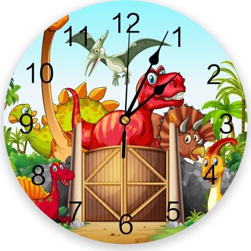 Dinosaur Cartoon Coconut Tree 3d Wall Clock Modern Design Farmhouse Decor Kitchen Vintage PVC Round Clock Living Room Decoration