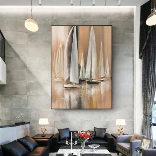 Abstract Boat on The Blue Sea Canvas Painting on Modern Wall Art Pictures for Living Room Posters and Prints Home Decoration