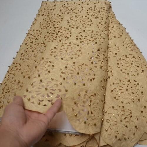 Free shipping (5yards/pc) gold African laser cut jacqurd lace fabric with beads and stones for wedding party dress CLL01