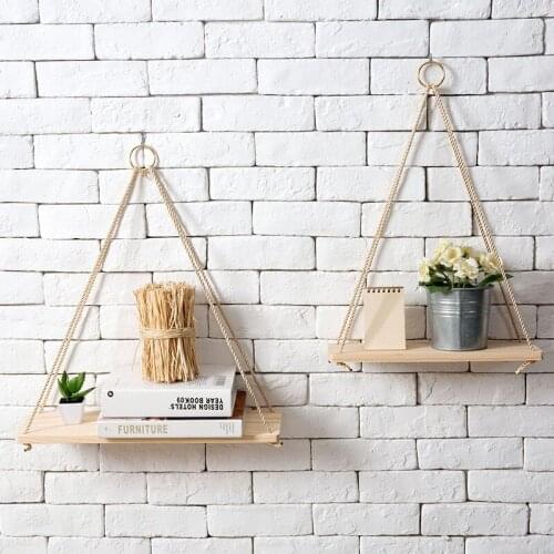 Premium Wood Swing Hanging Rope Wall Mounted Shelves Plant Flower Pot Rack indoor outdoor decoration simple Shelves