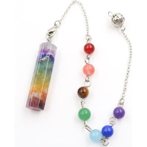 FYJS Unique Silver Plated Geometric Colorful Rainbow Stone Pendant with Beads Chain Healing Chakra Jewelry
