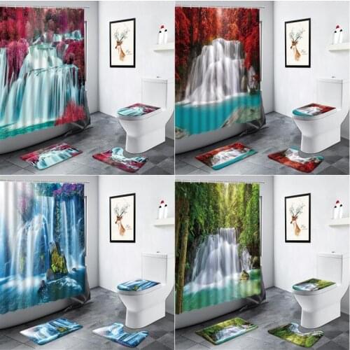 Forest Waterfall Landscape Shower Curtain Red Maple Leaves Green Plants Trees Scenery Bath Mat Toilet Lid Rug Bathroom Decor Set