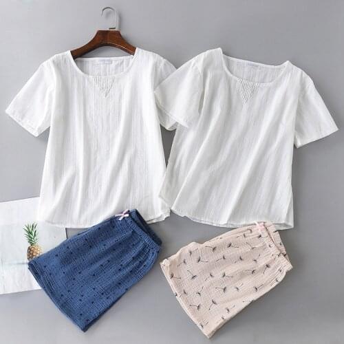 Summer 100% Cotton Hollow Short-sleeved Gauze Shorts Pajamas Suit Round Neck Printing Pijama Simple and Breathable Sleepwear