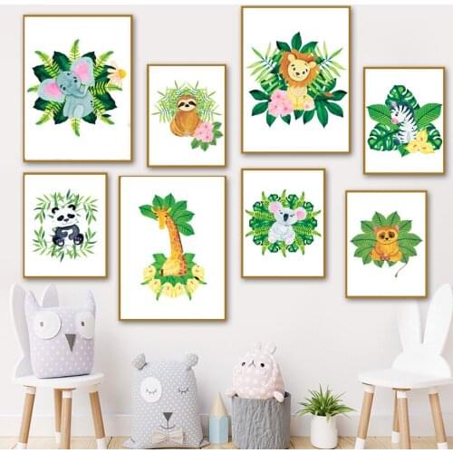 Lion giraffe zebra Safari Tropical Leaf Jungle Nursery Wall Art Print Canvas Painting Nordic Poster Decor Picture Baby Kids Room
