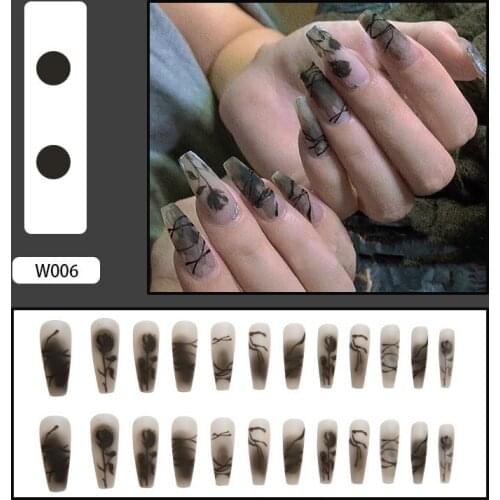 24Pcs False Nails Silver Black Flower Blooming Wear Long Paragraph Fashion Manicure Patch DIY Manicure Nail Art Tools