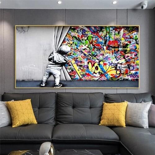 Street Art Banksy Graffiti Canvas Painting Behind The Curtain Posters and Print Wall Art Picture for Living Room Home Decoration